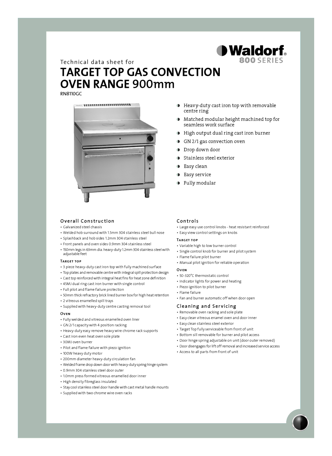 Moffat RN8110GC manual Overall Construction, Controls, Cleaning and Ser vicing, Target top, Oven 