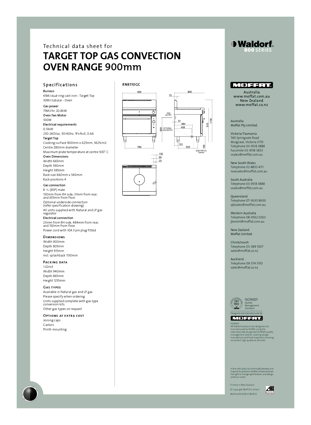 Moffat RN8110GC manual Sp e cif ications, Dimensions, Packing data, Gas types, Options at extra cost 