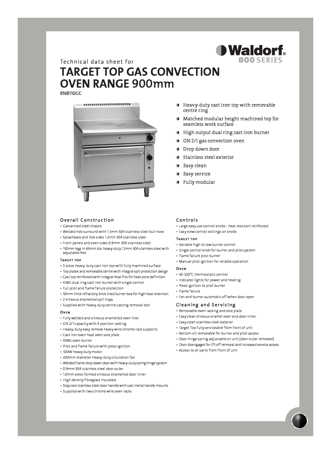Moffat RN8110GC manual Technical data sheet for, Overall Construction, Controls, Cleaning and Ser vicing, Target top, Oven 