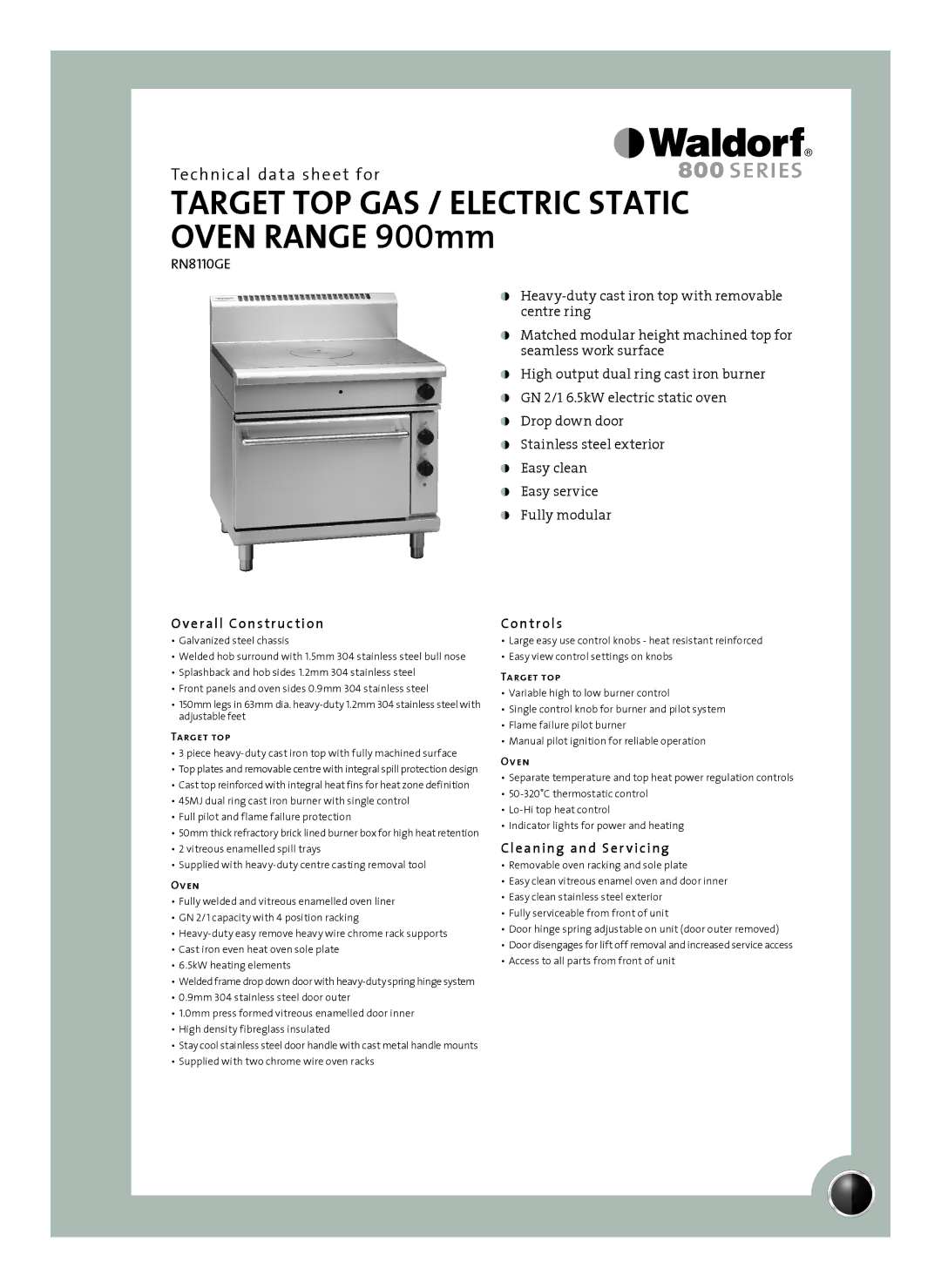 Moffat RN8110GE manual Overall Construction, Controls, Cleaning and Ser vicing, Target top, Oven 