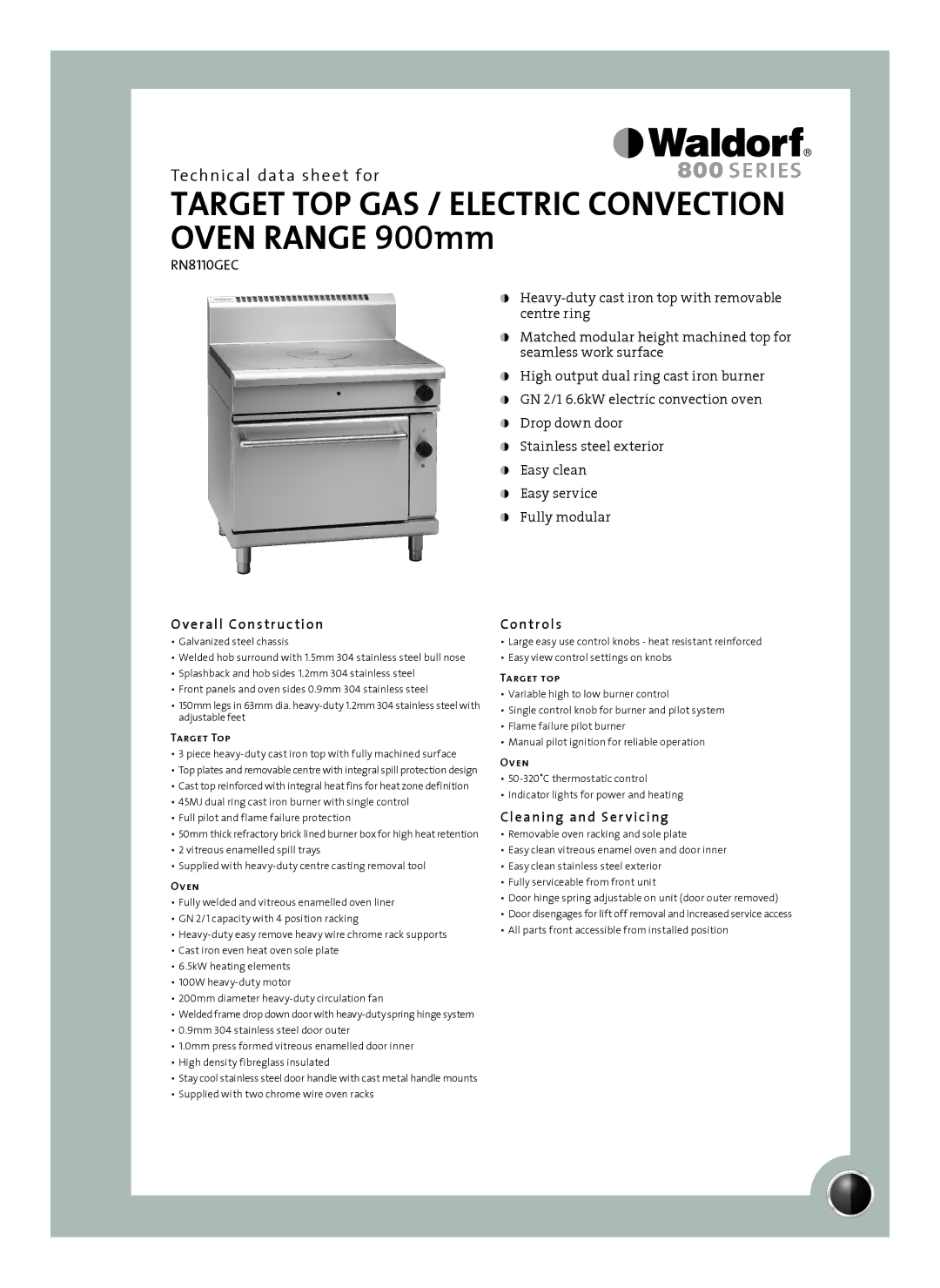 Moffat RN8110GEC manual Overall Construction, Controls, Cleaning and Ser vicing, Target Top, Oven 