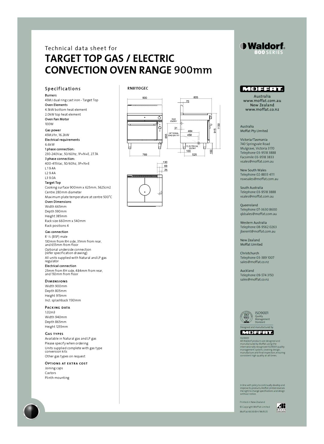 Moffat RN8110GEC manual Sp e cif ications, Dimensions, Packing data, Gas types, Options at extra cost 