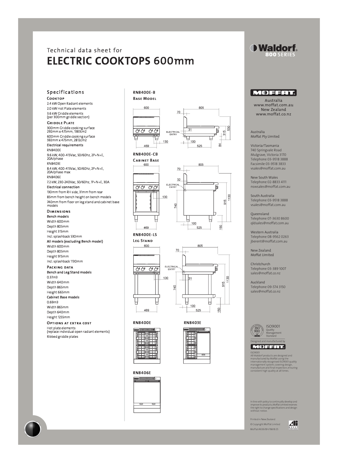 Moffat RN8403E-LS, RN8406E-CB, RN8406E-LS, RN8406E-B Sp e cif ications, ELECTRIC COOKTOPS 600mm, Technical data sheet for 