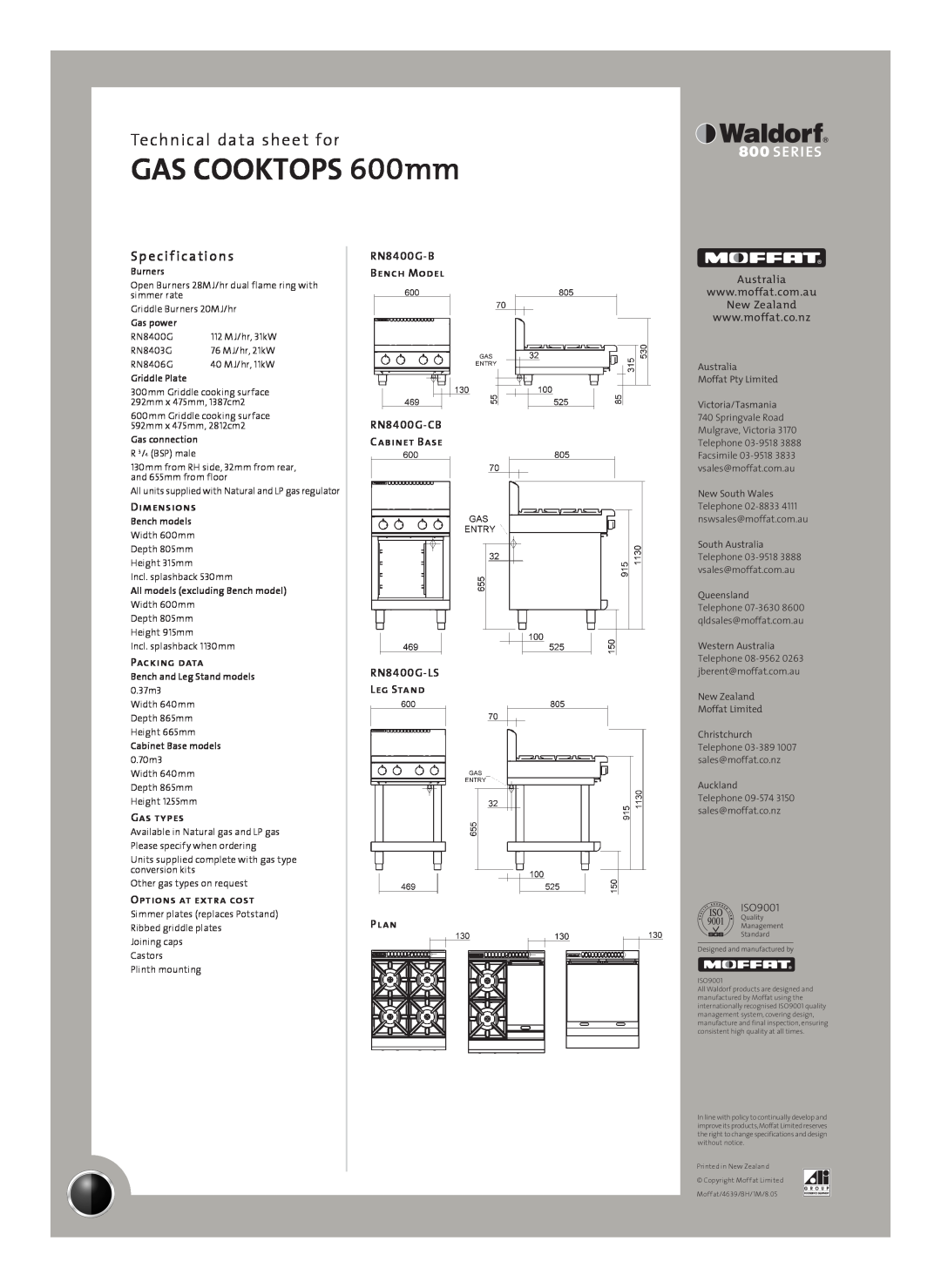 Moffat RN8406G-B Sp e cif ications, GAS COOKTOPS 600mm, Technical data sheet for, Dimensions, Packing data, Gas types 