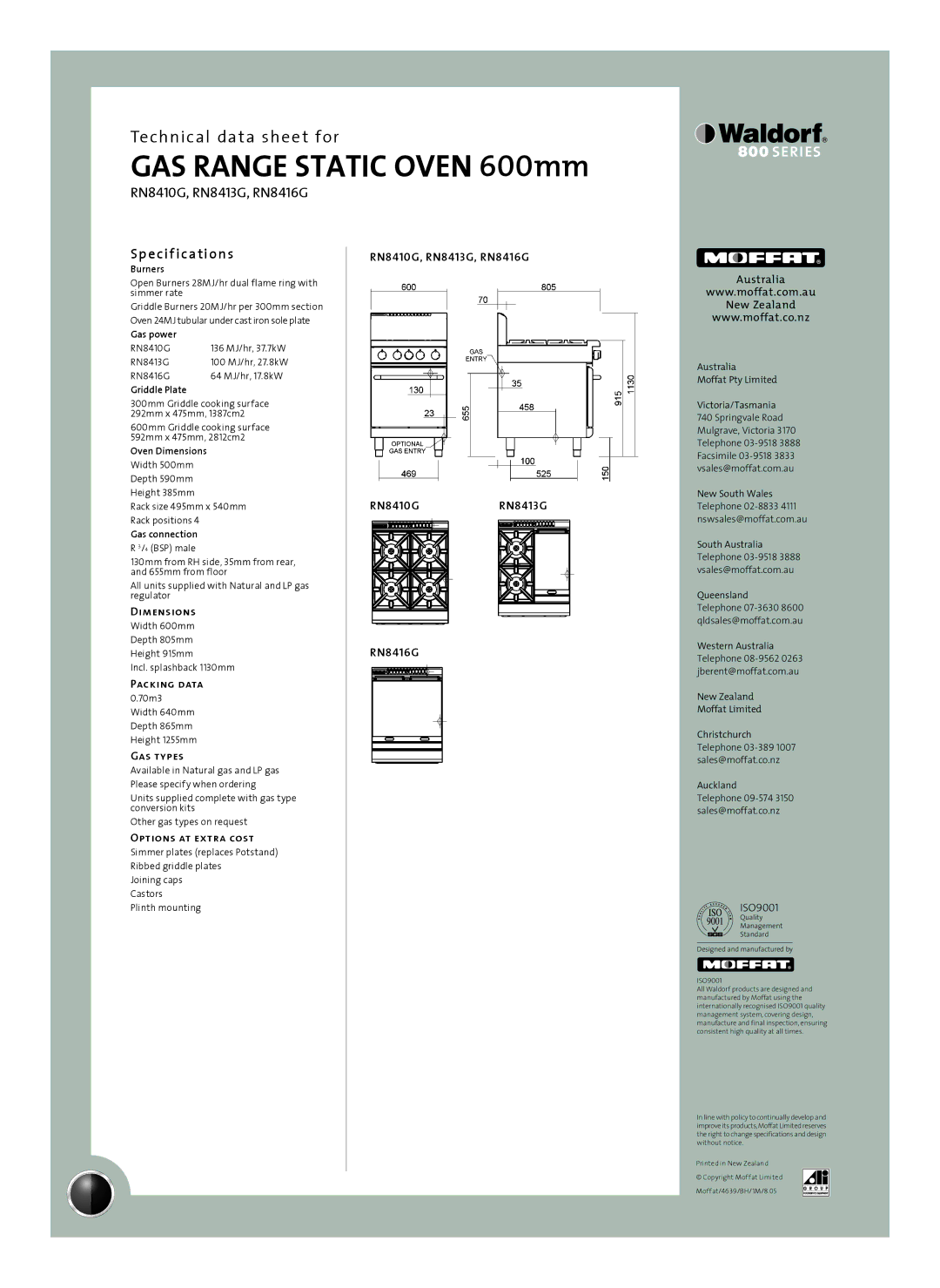 Moffat RN8410G, RN8413G, RN8416G manual Sp e cif ications 