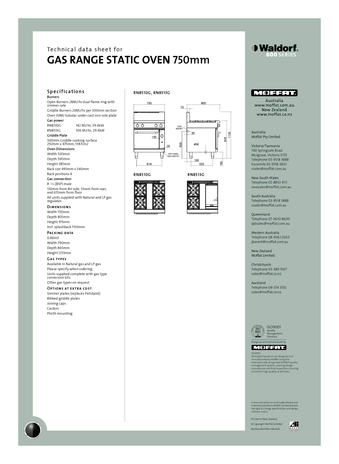 Moffat RN8510G, RN8513G manual Sp e cif ications 