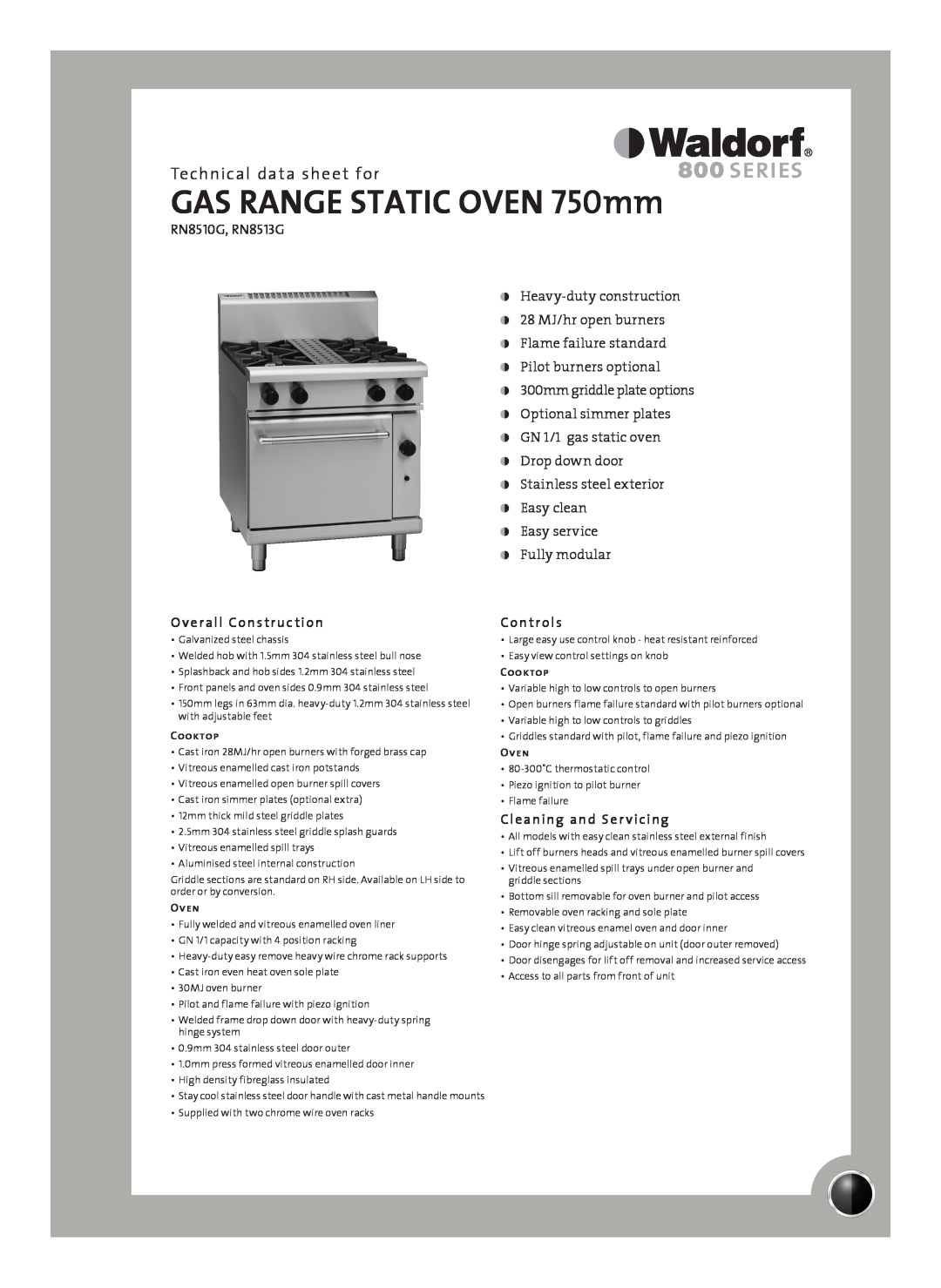 Moffat RN8513G manual Technical data sheet for, Overall Construction, Controls, Cleaning and Ser vicing, Cooktop, Oven 