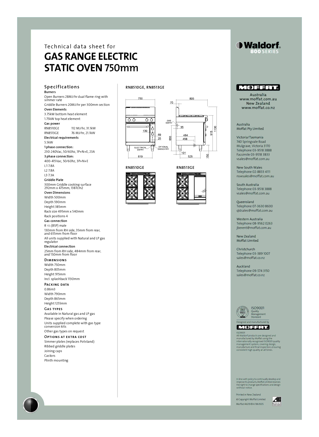 Moffat RN8510GE, RN8513GE manual Sp e cif ications 