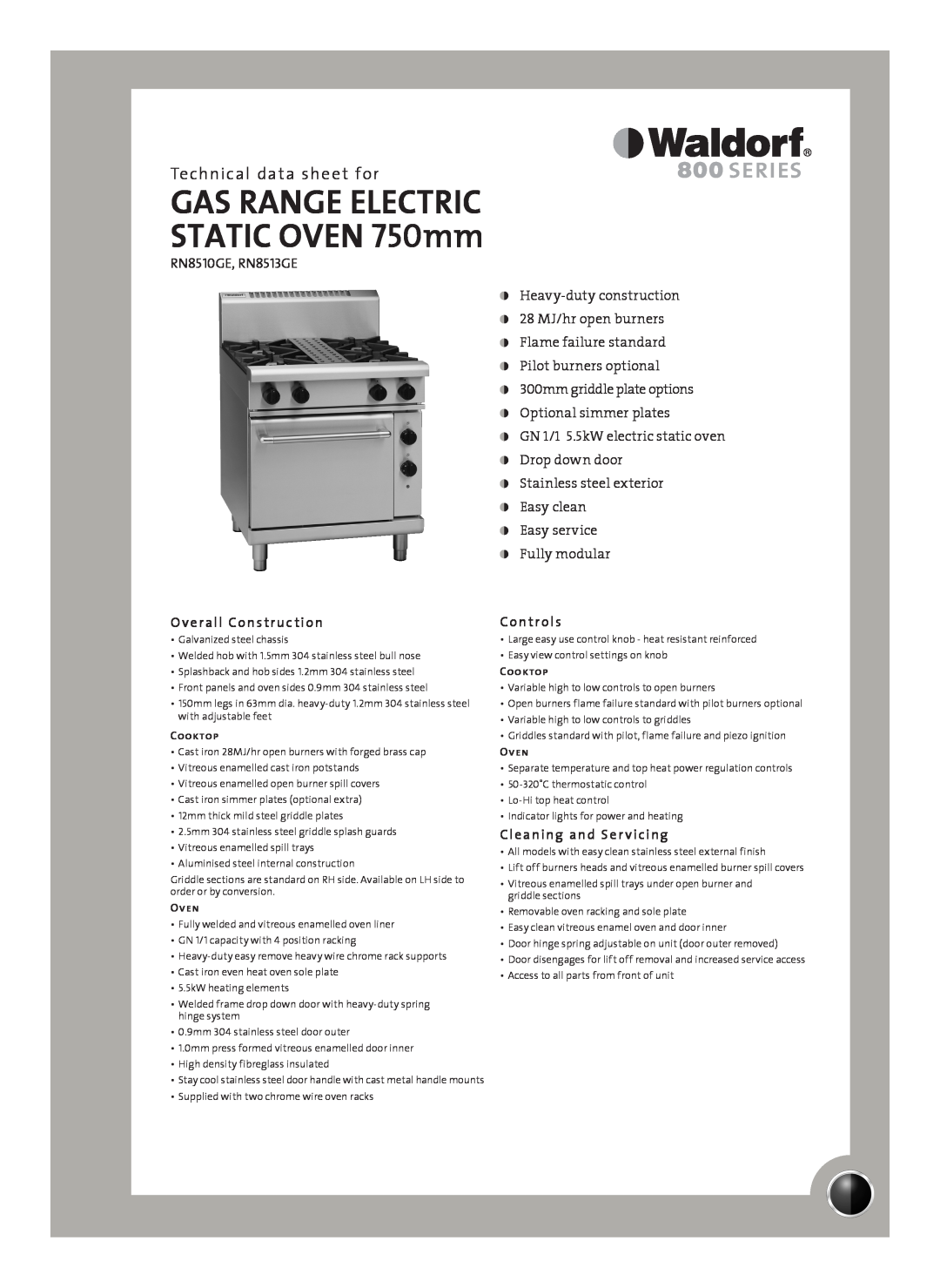 Moffat RN8513GE manual Technical data sheet for, Overall Construction, Controls, Cleaning and Ser vicing, Cooktop, Oven 