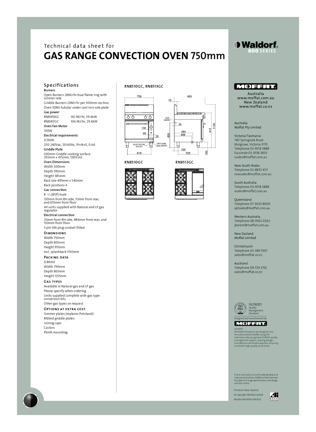 Moffat RN8513GC, RN8510GC manual Sp e cif ications 