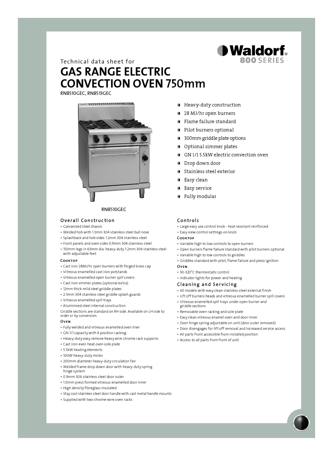 Moffat RN8510GEC, RN8513GEC manual Overall Construction, Controls, Cleaning and Ser vicing, Cooktop, Oven 