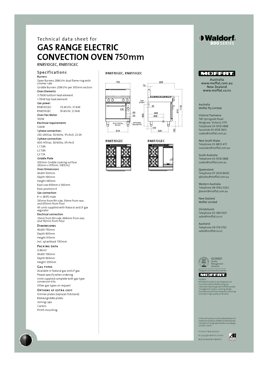 Moffat RN8513GEC, RN8510GEC manual Sp e cif ications 