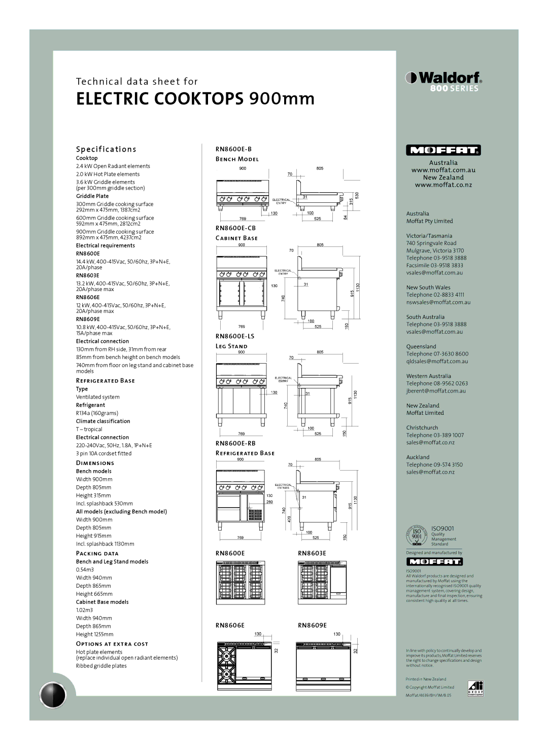 Moffat RN8606E-B, RN8609E-RB, RN8609E-CB, RN8603E-LS manual Sp e cif ications, Dimensions, Packing data, Options at extra cost 