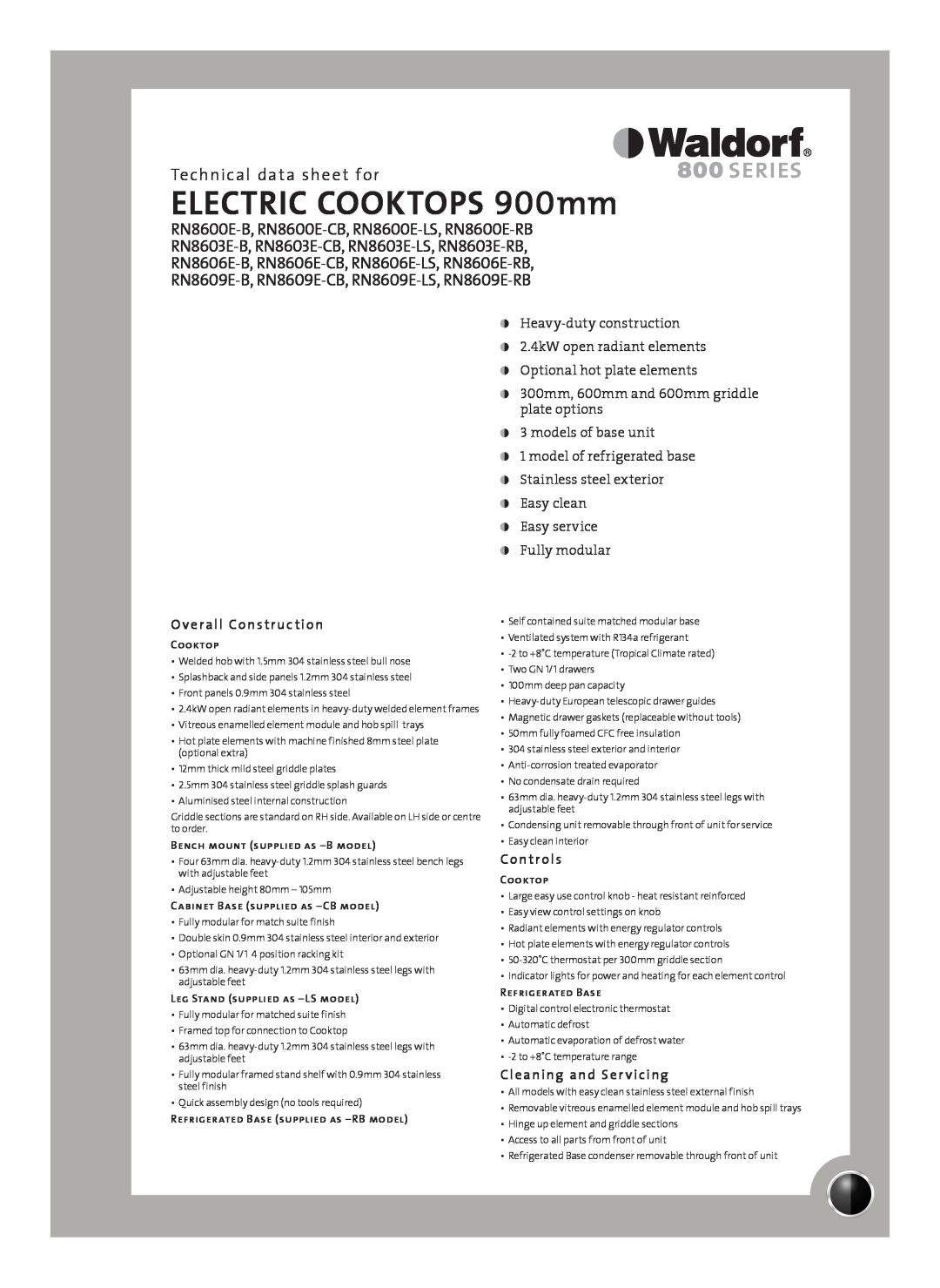 Moffat RN8609E-CB manual Technical data sheet for, Overall Construction, Controls, Cleaning and Ser vicing, Cooktop 
