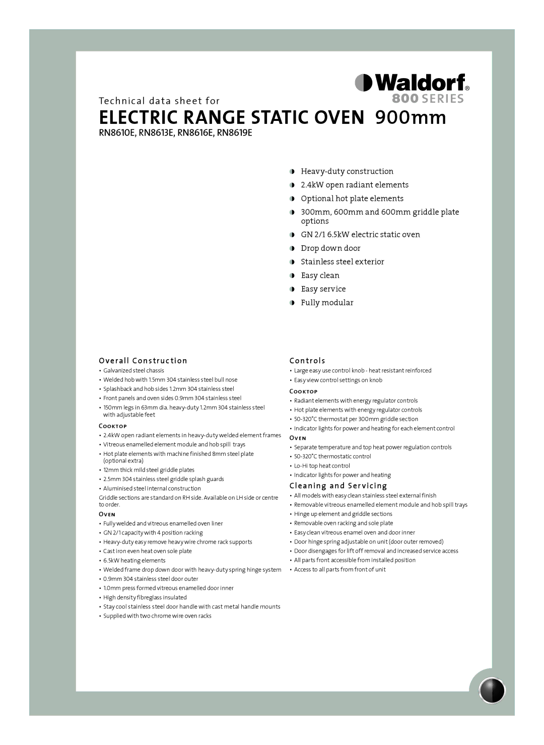 Moffat RN8619E, RN8610E, RN8613E, RN8616E manual Overall Construction, Controls, Cleaning and Ser vicing, Cooktop, Oven 