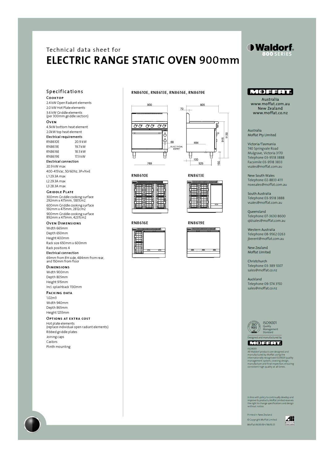 Moffat RN8613E, RN8610E, RN8619E, RN8616E manual Sp e cif ications 