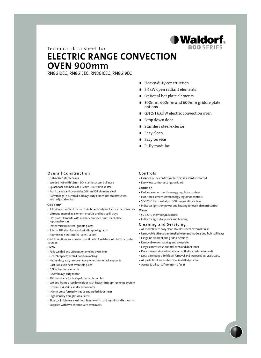 Moffat RN8619EC, RN8610EC, RN8613EC, RN8616EC manual Overall Construction, Controls, Cleaning and Ser vicing, Cooktop, Oven 