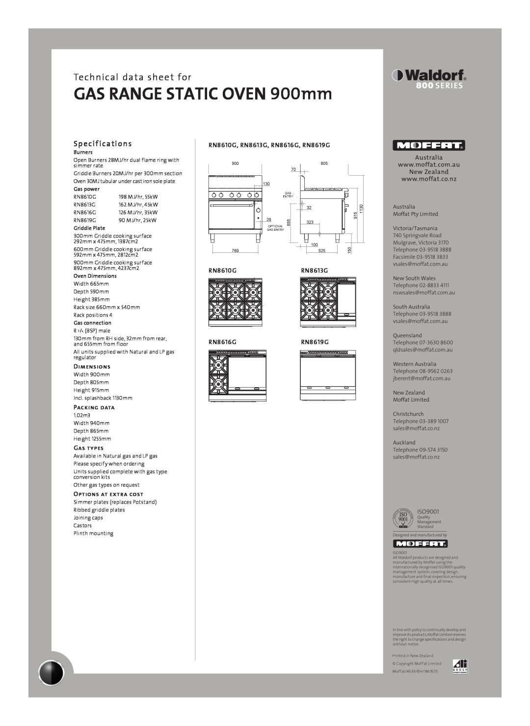 Moffat RN8616G manual Sp e cif ications, GAS RANGE STATIC OVEN 900mm, Technical data sheet for, RN8610GRN8613G, Dimensions 