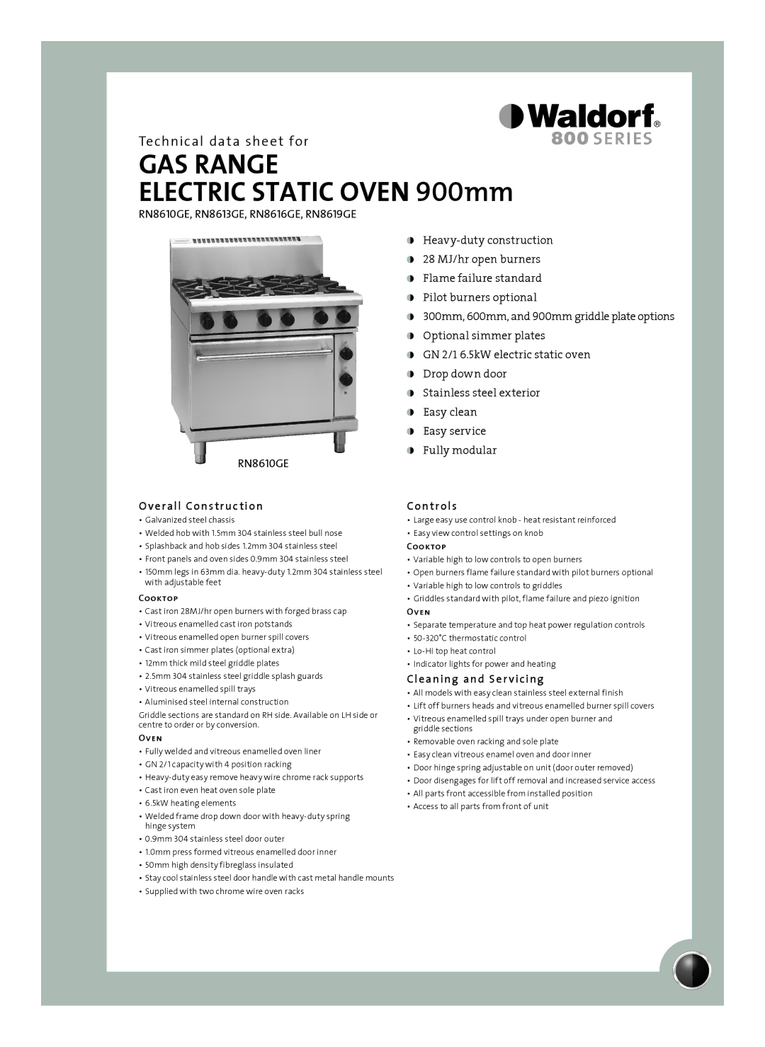 Moffat RN8616GE, RN8610GE, RN8619GE, RN8613GE manual Overall Construction, Controls, Cleaning and Ser vicing, Cooktop, Oven 