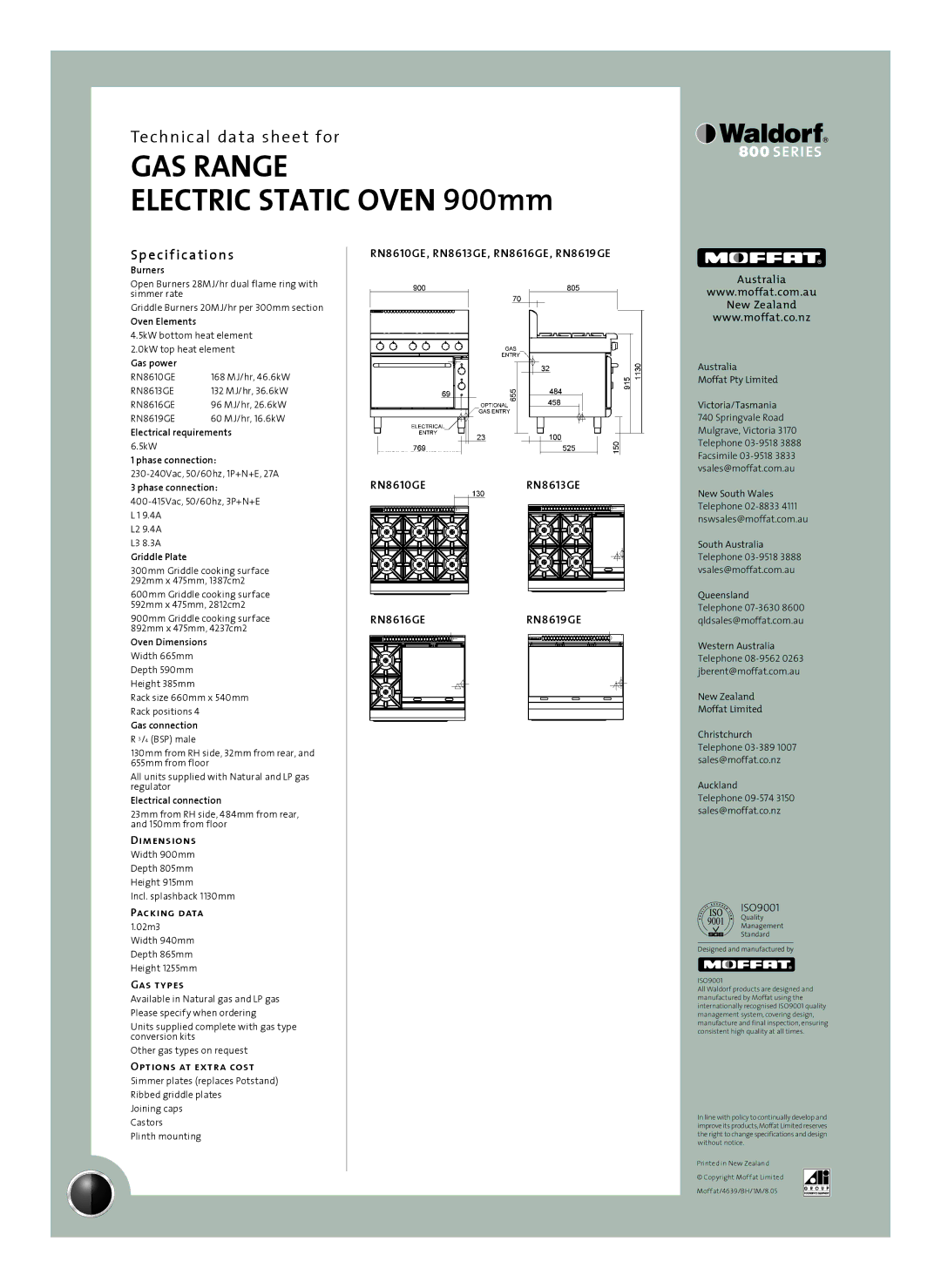 Moffat RN8619GE, RN8610GE, RN8616GE, RN8613GE Sp e cif ications, Dimensions, Packing data, Gas types, Options at extra cost 