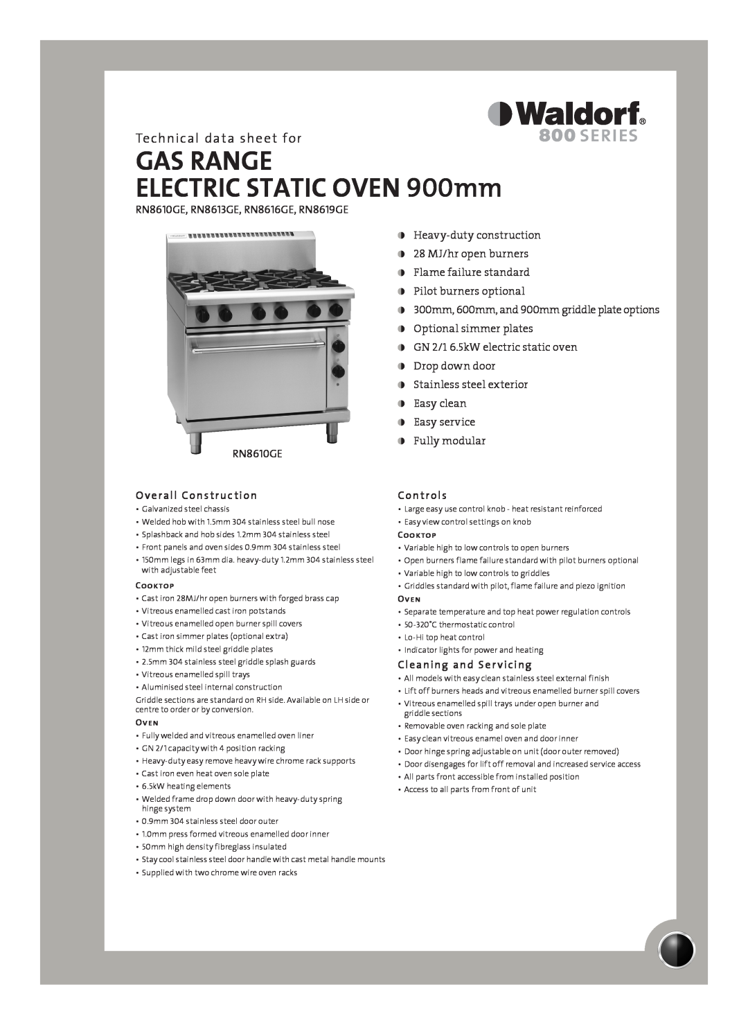 Moffat RN8616GE manual Technical data sheet for, Overall Construction, Controls, Cleaning and Ser vicing, Cooktop, Oven 