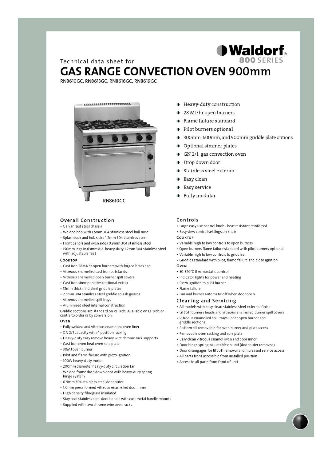 Moffat RN8616GC, RN8619GC, RN8613GC, RN8610GC manual Overall Construction, Controls, Cleaning and Ser vicing, Cooktop, Oven 