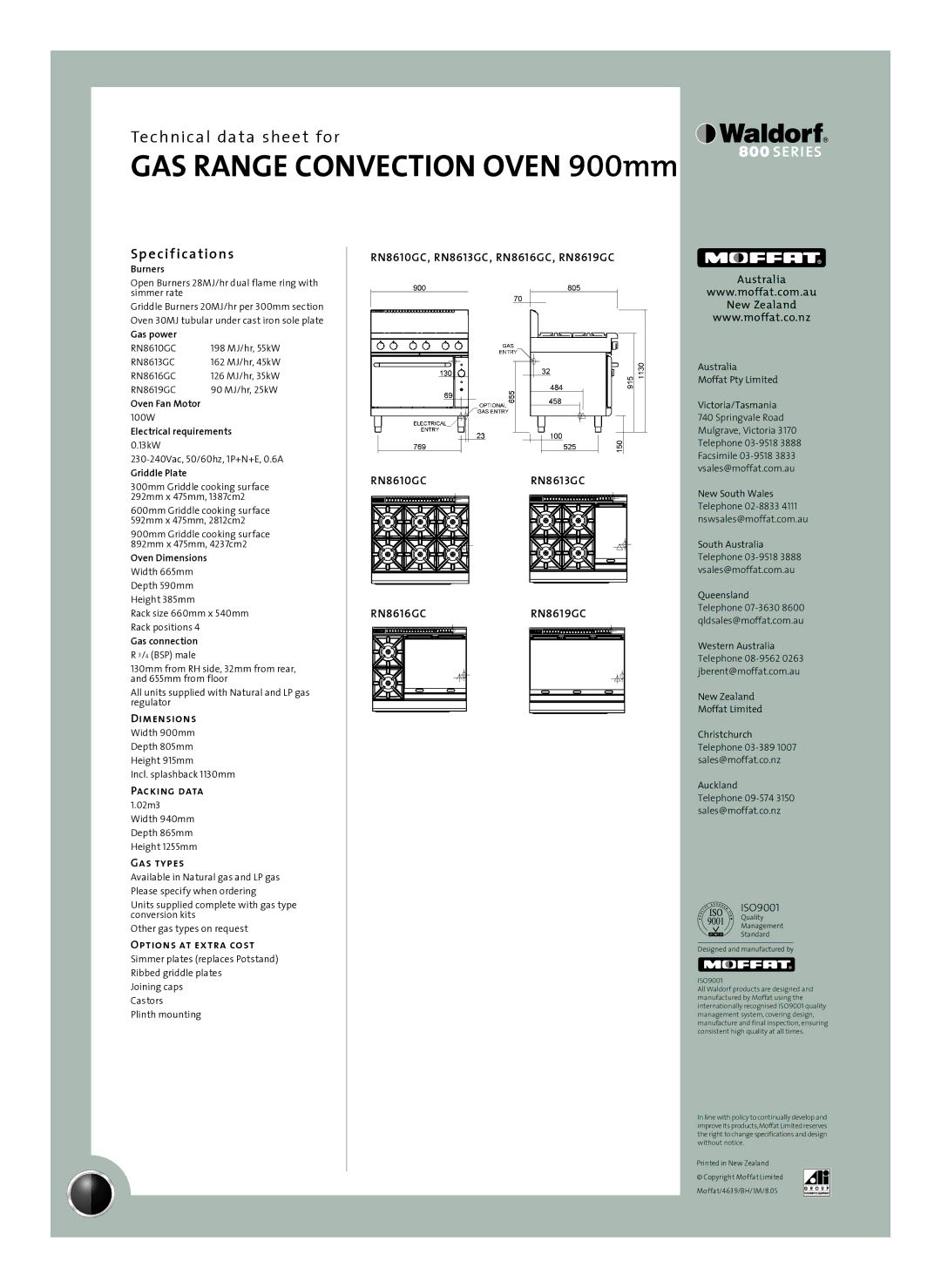 Moffat RN8613GC, RN8619GC, RN8616GC, RN8610GC Sp e cif ications, Dimensions, Packing data, Gas types, Options at extra cost 