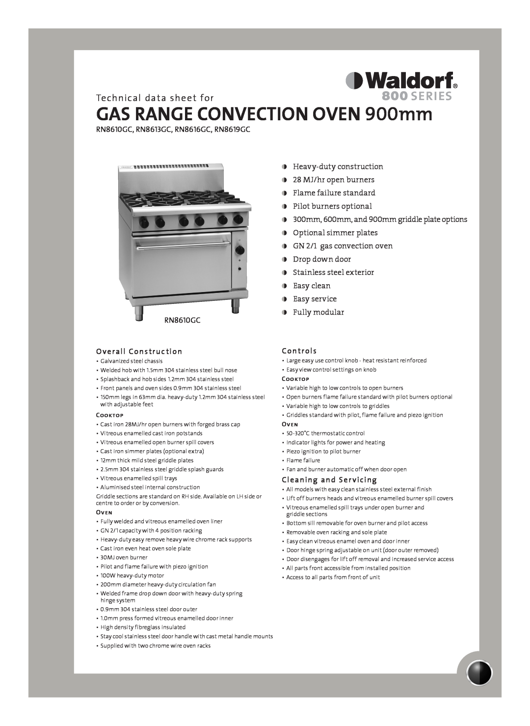 Moffat RN8616GC manual Technical data sheet for, Overall Construction, Controls, Cleaning and Ser vicing, Cooktop, Oven 