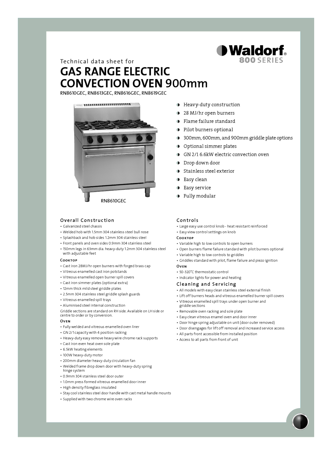 Moffat RN8613GEC, RN8619GEC, RN8616GEC manual Overall Construction, Controls, Cleaning and Ser vicing, Cooktop, Oven 