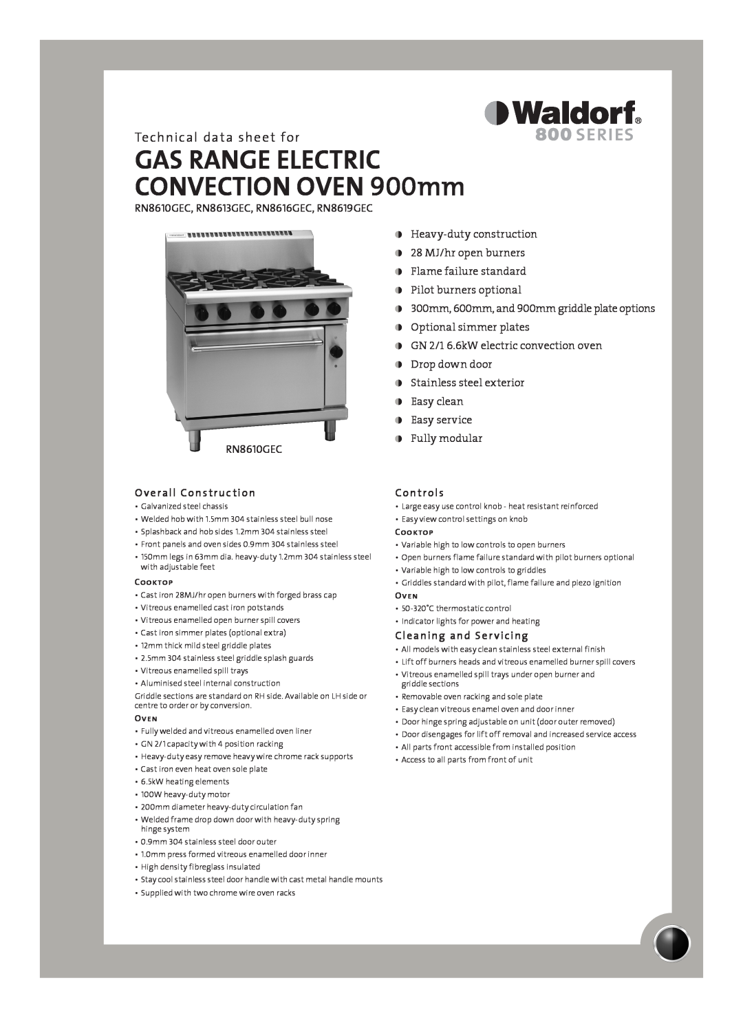 Moffat RN8613GEC manual Technical data sheet for, Overall Construction, Controls, Cleaning and Ser vicing, Cooktop, Oven 