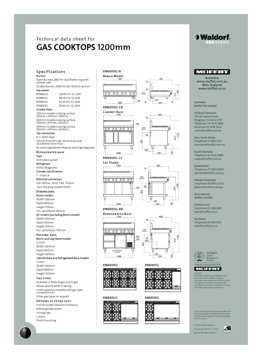 Moffat RN8809G-LS, RN8809G-CB, RN8800G-CB Sp e cif ications, Dimensions, Packing data, Gas types, Options at extra cost 