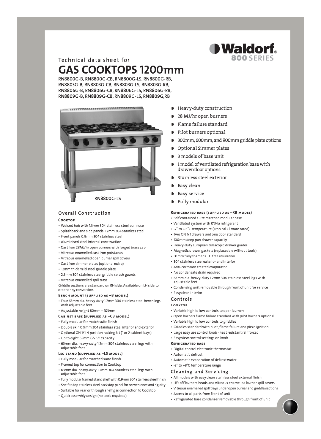 Moffat RN8800G-CB manual Technical data sheet for, Overall Construction, Controls, Cleaning and Ser vicing, Cooktop 