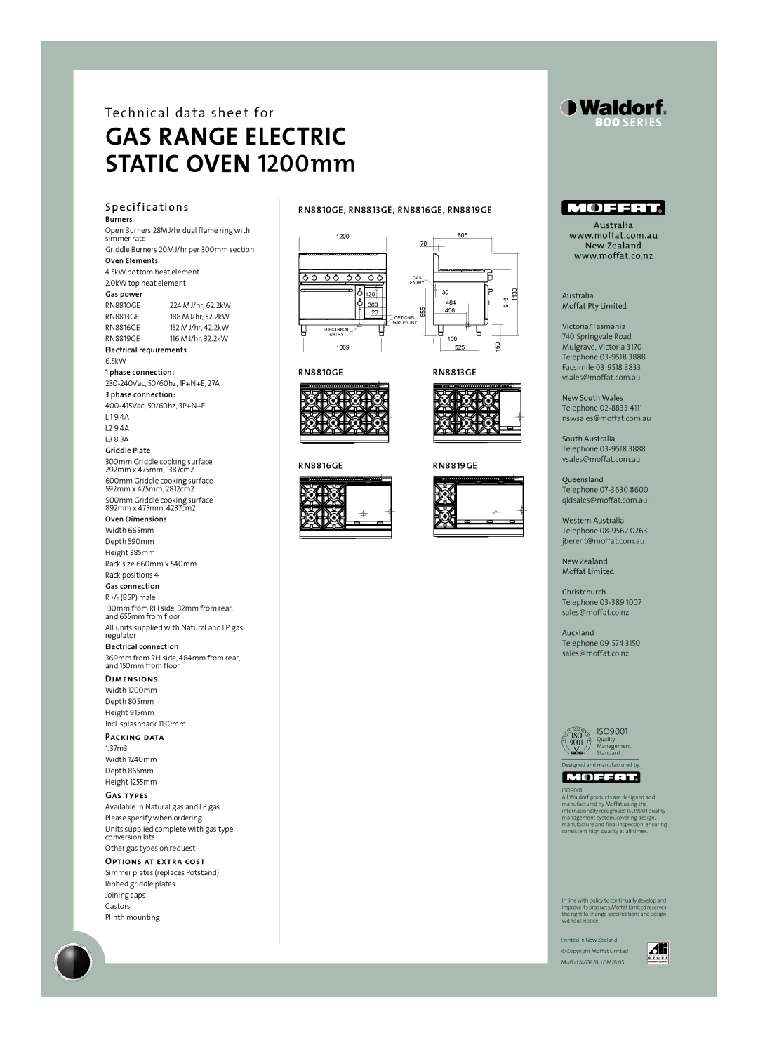 Moffat RN8816GE, RN8810GE, RN8819GE, RN8813GE Sp e cif ications, Dimensions, Packing data, Gas types, Options at extra cost 