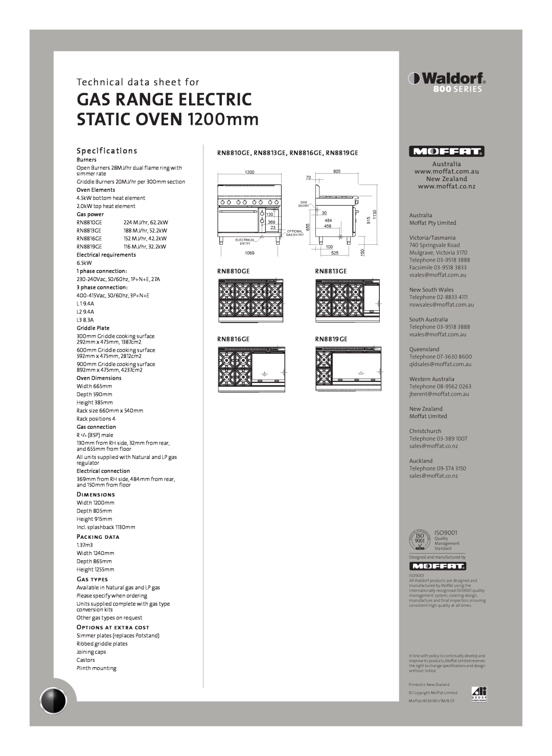 Moffat RN8816GE Sp e cif ications, GAS RANGE ELECTRIC STATIC OVEN 1200mm, Technical data sheet for, Dimensions, Gas types 