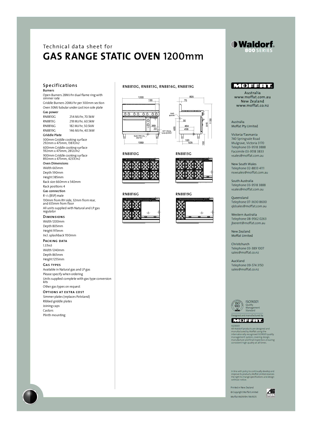 Moffat RN8819G, RN8813G, RN8810G, RN8816G manual Sp e cif ications, Dimensions, Packing data, Gas types, Options at extra cost 