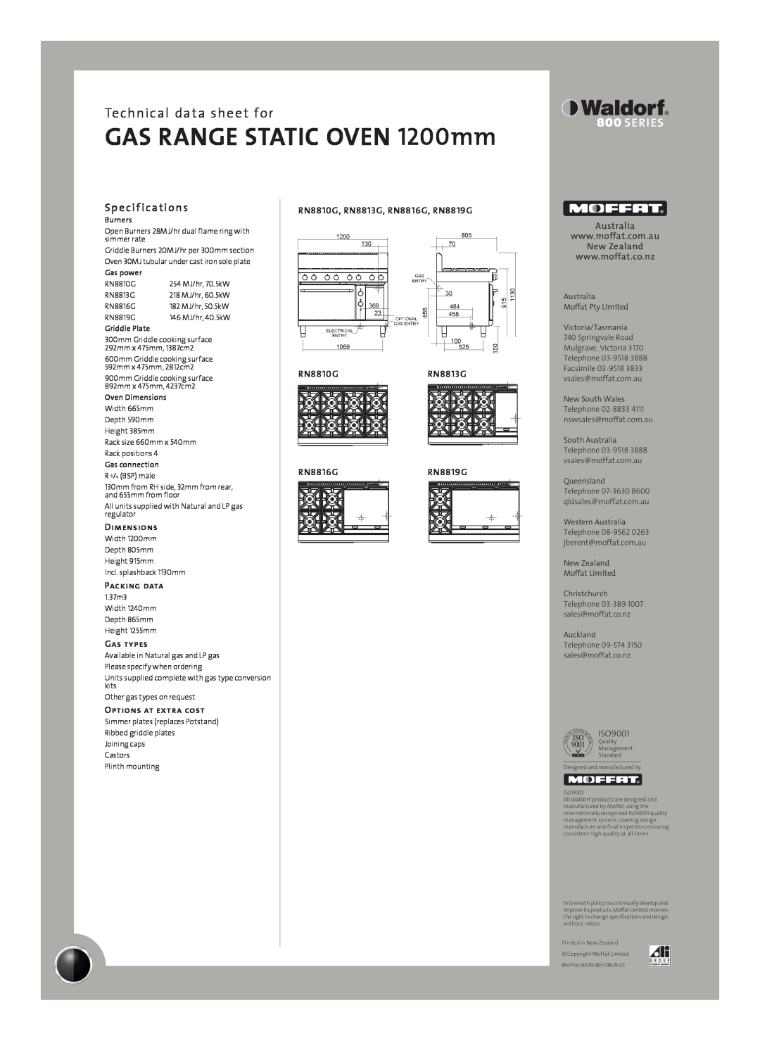 Moffat RN8819G manual Sp e cif ications, GAS RANGE STATIC OVEN 1200mm, Technical data sheet for, Dimensions, Packing data 