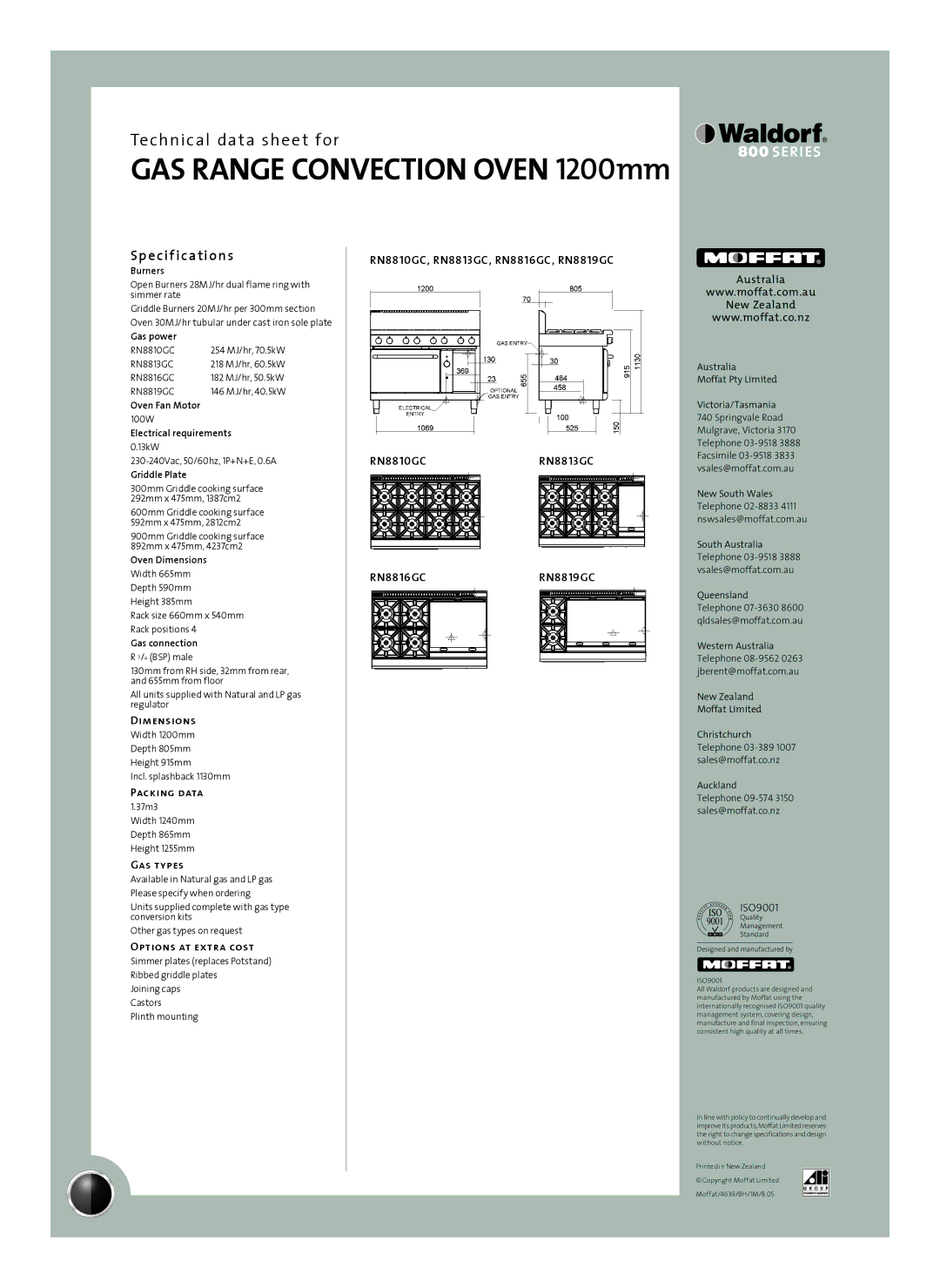 Moffat RN8813GC, RN8816GC, RN8810GC, RN8819GC Sp e cif ications, Dimensions, Packing data, Gas types, Options at extra cost 