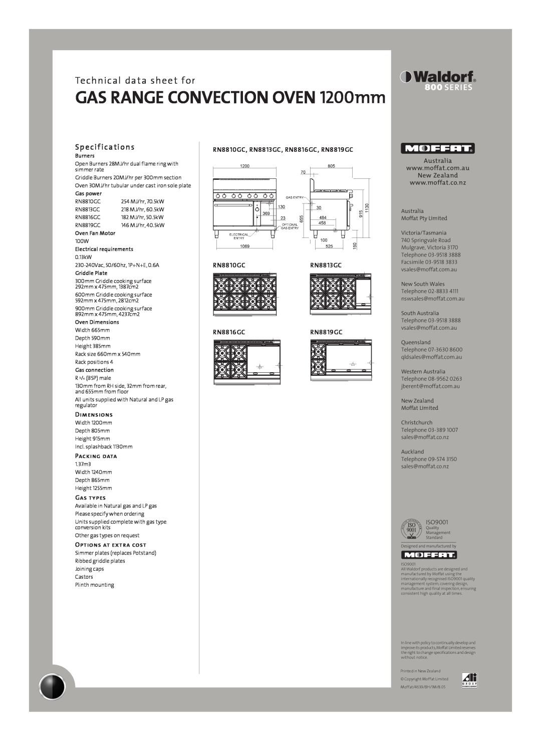 Moffat RN8813GC Sp e cif ications, GAS RANGE CONVECTION OVEN 1200mm, Technical data sheet for, Dimensions, Packing data 