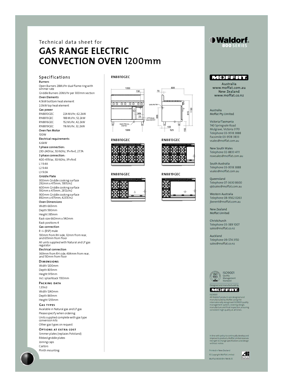 Moffat RN8816GEC, RN8819GEC, RN8810GEC manual Sp e cif ications, Dimensions, Packing data, Gas types, Options at extra cost 