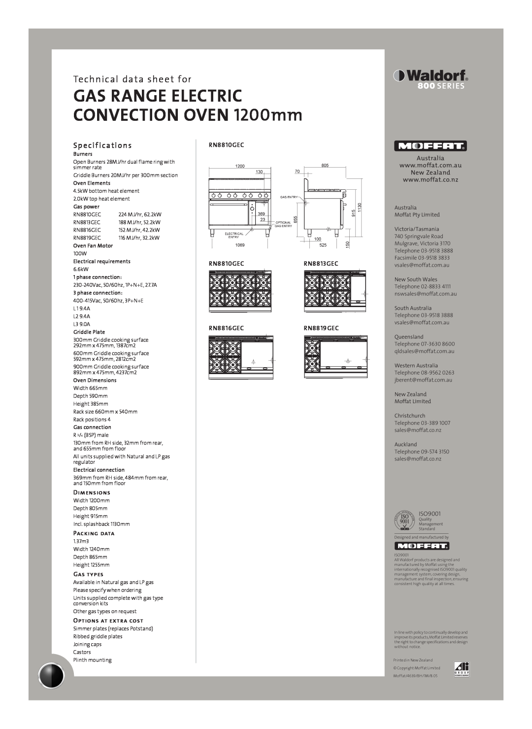 Moffat RN8816GEC manual Sp e cif ications, GAS RANGE ELECTRIC CONVECTION OVEN 1200mm, Technical data sheet for, Dimensions 