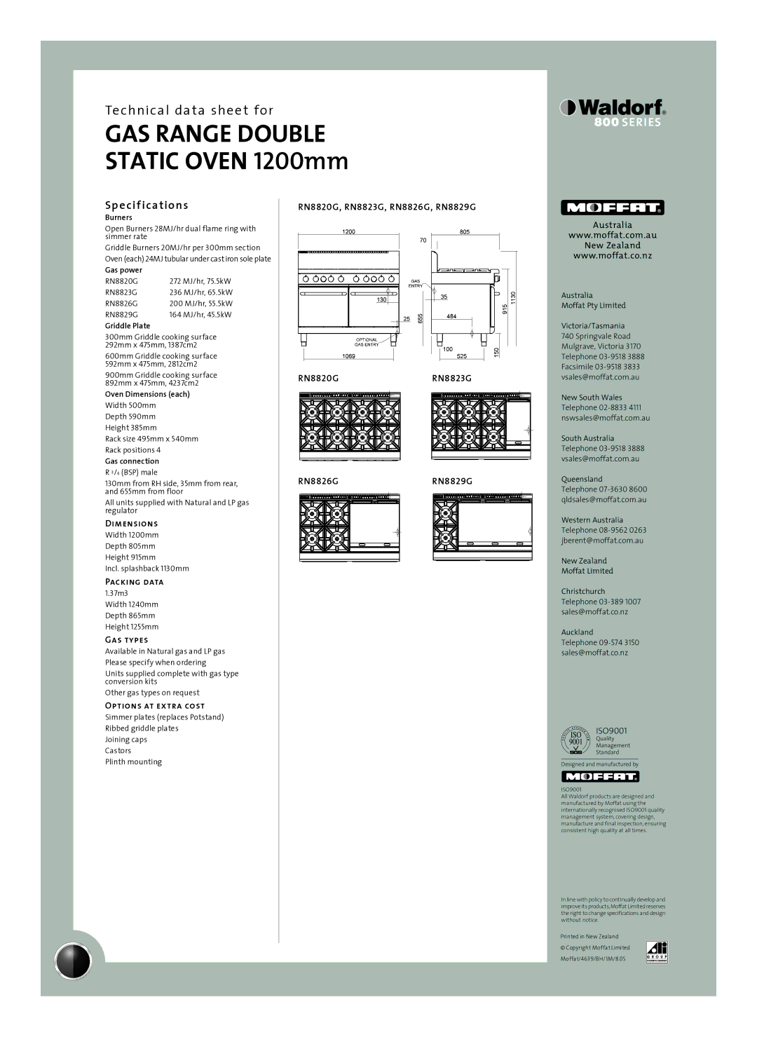 Moffat RN8820G, RN8829G, RN8823G, RN8826G manual Sp e cif ications, Dimensions, Packing data, Gas types, Options at extra cost 