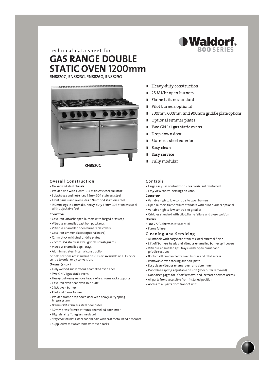 Moffat RN8823G manual Technical data sheet for, Overall Construction, Controls, Cleaning and Ser vicing, Cooktop, Ovens 