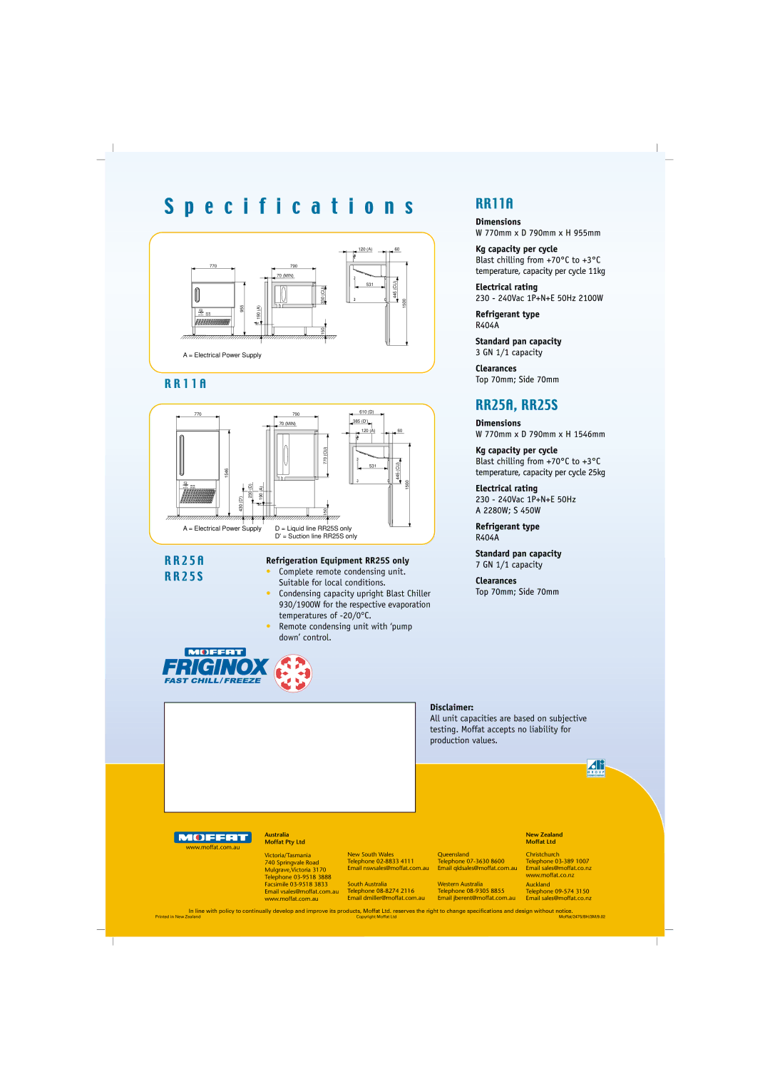 Moffat RR11A, RR25A manual Refrigeration Equipment RR25S only, Disclaimer, Australia New Zealand 