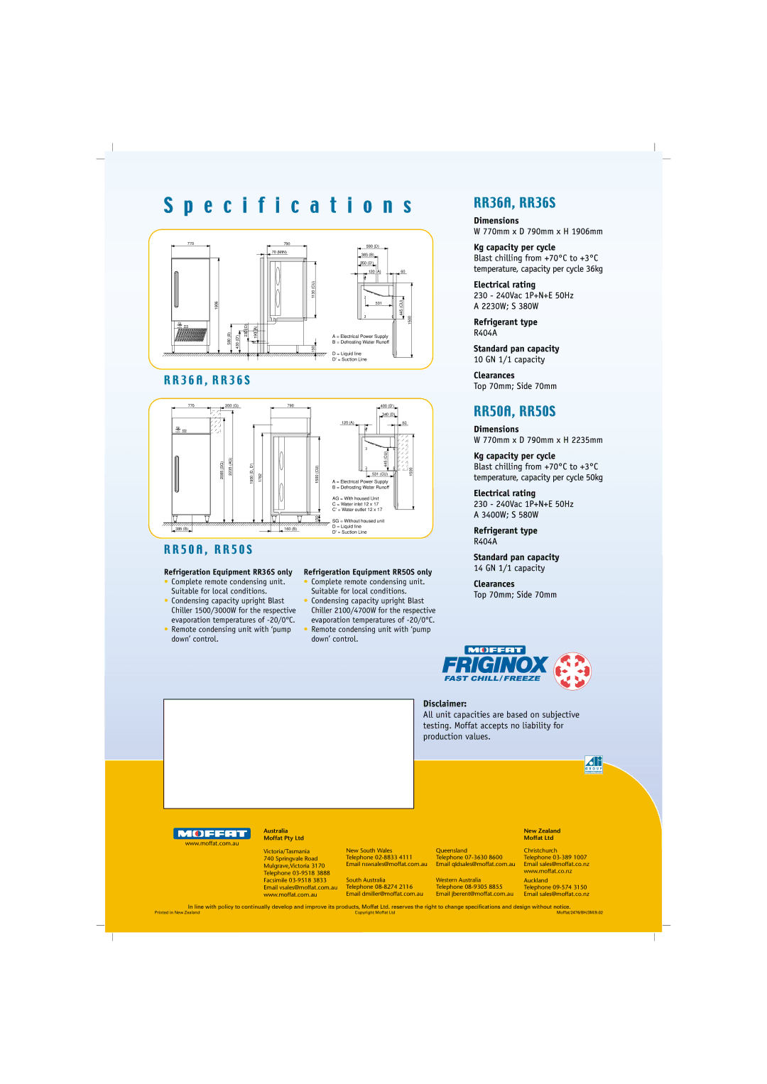 Moffat RR36A, RR50A, RR36S, RR50S manual Disclaimer, Australia New Zealand 