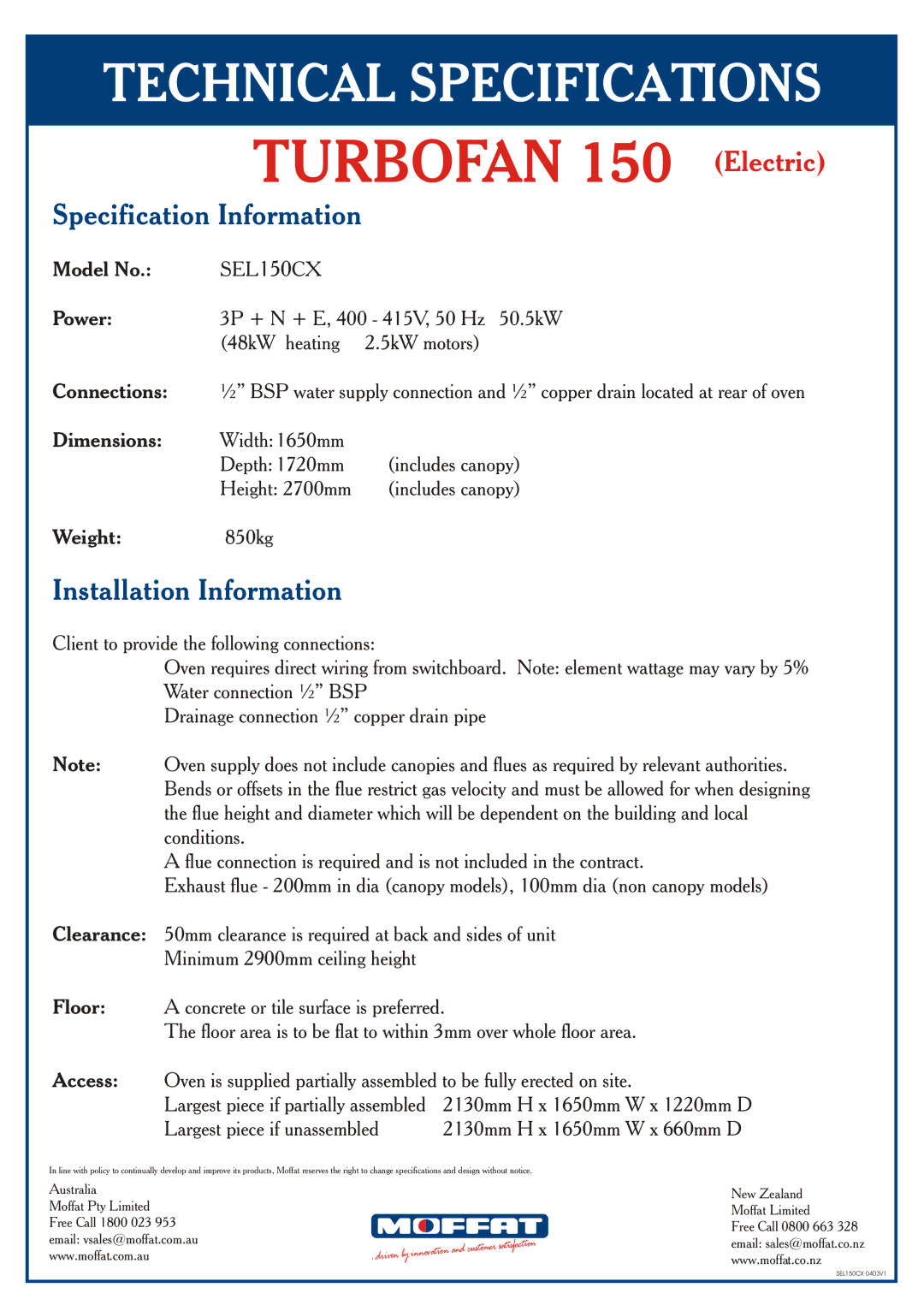 Moffat SEL150CX technical specifications Turbofan 150 Electric, Specification Information, Installation Information 