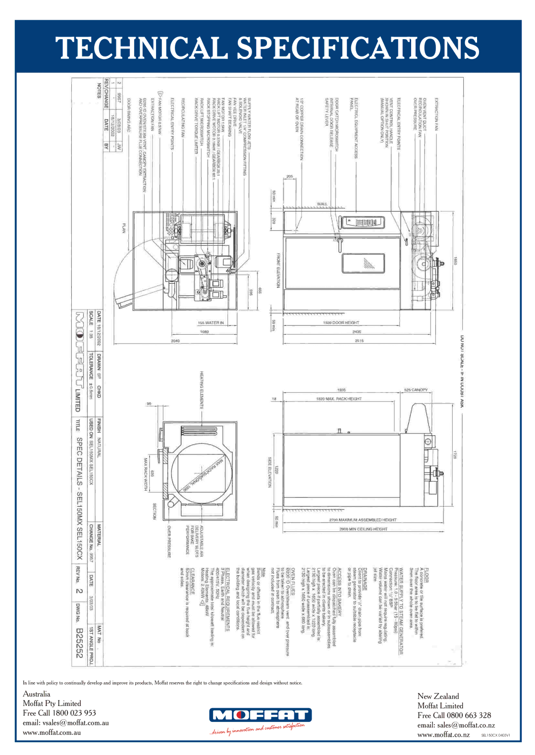 Moffat SEL150CX technical specifications 