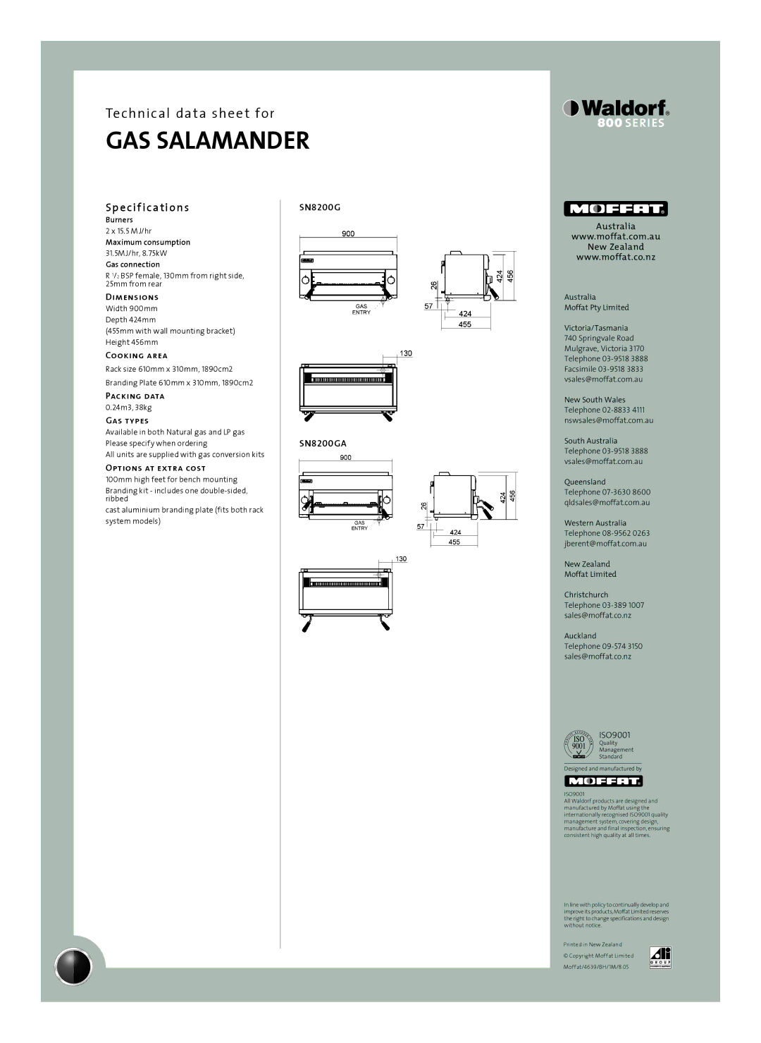 Moffat SN8200G manual Sp e cif ications 