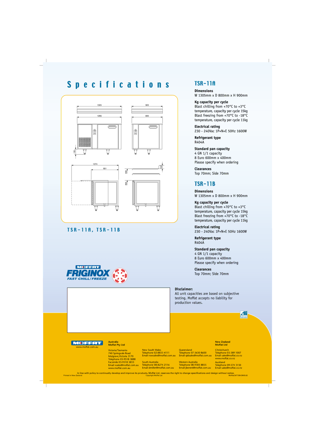 Moffat TSR-11A manual Disclaimer, Australia New Zealand 