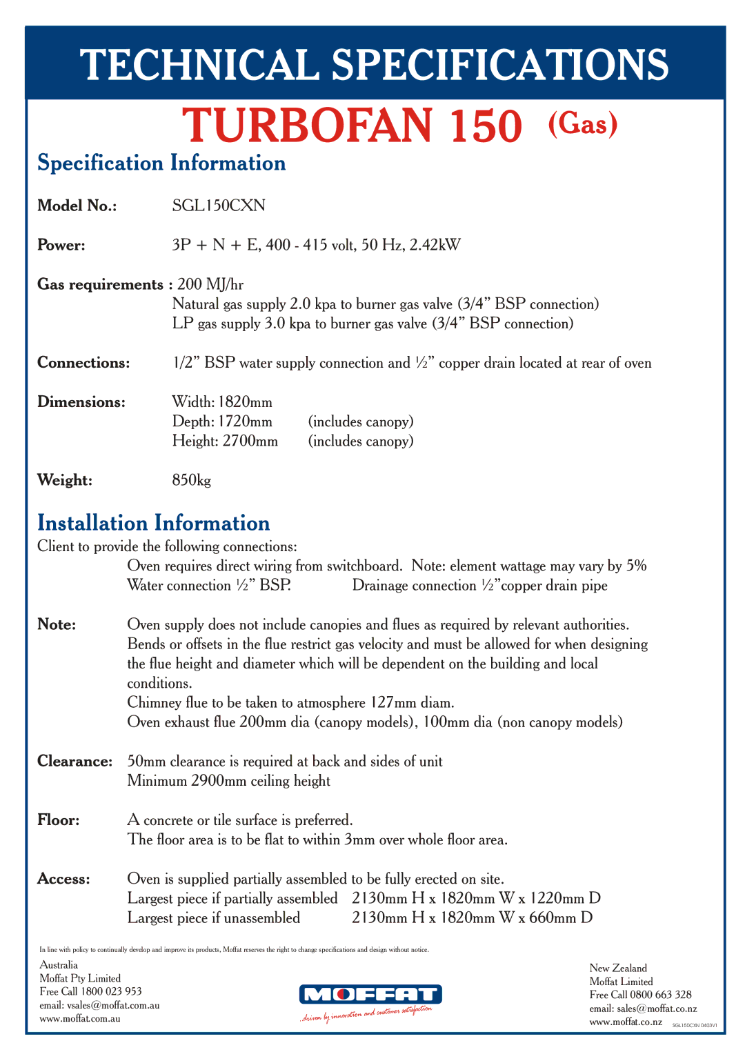 Moffat technical specifications Turbofan 150 Gas, Specification Information, Installation Information, SGL150CXN 