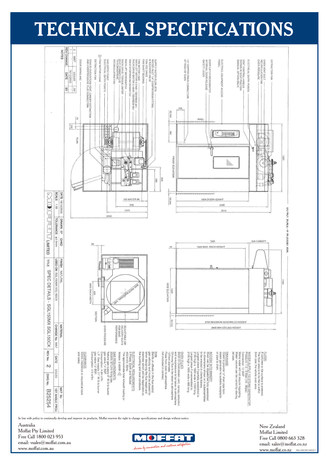 Moffat Turbofan 150 technical specifications Technical Specifications 